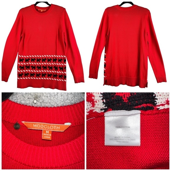 Modcloth Sweater Womens Medium Red Terrier Dogs Christmas Stockinette Stitch - Picture 1 of 10